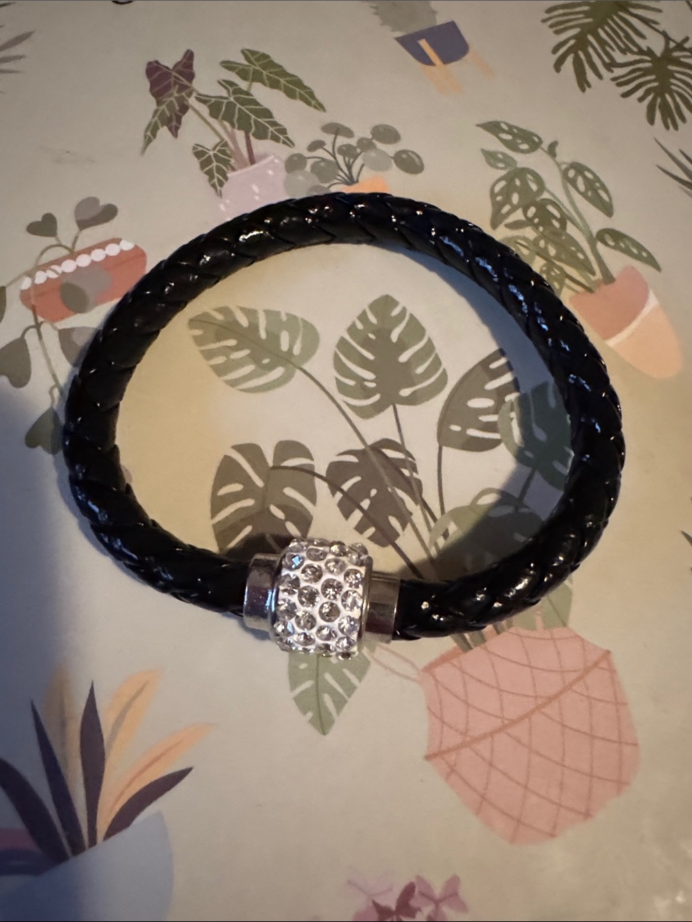 Chic Black Woven Leather Cord Bangle with Sparkling Pavé Rhinestone Clasp